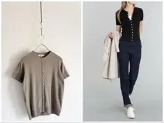 フランス製 agnes b. コットンニット 半袖 カーディガン プレッション