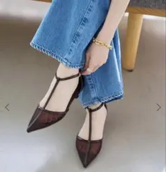 日本製✨ルタロン 3.5cmTストラップシアーパンプス 抜け感ブラウンのサムネイル