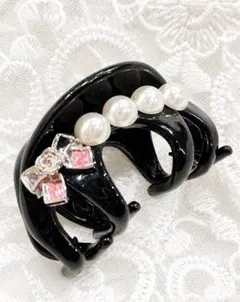 黒のパールリボンヘアクリップ 約5.6cm