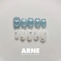 【No.201】ネイルチップ 韓国ネイル ハートネイル マグネットネイル　透明感