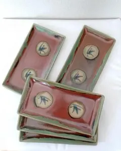 竹模様の長四角皿 ５枚　益子焼