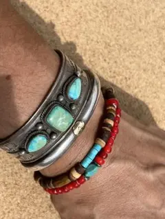 ボヘミアン調ウッド天然石ターコイズサンゴシルバー925ホワイトハーツビーズブレス