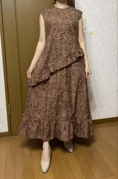 A314サービス品 着物リメイク 小紋フリルワンピース☆リボン・ブローチ 