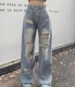 ダメージデニム ワイドレッグ　ライトブルー　ダメージジーンズ