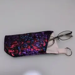 ハンドメイド　メガネケース パープル系のジャガード織生地キーリング付き