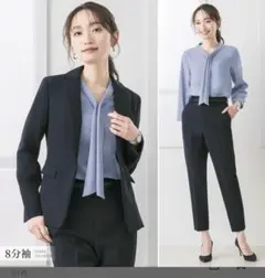 ブルー　ボウタイパールボタン付きブラウス S〜Mサイズ