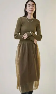 【完売品】アダムエロペ　リブコンシャス チュールドッキングワンピース　カーキ