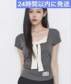 早い者勝ち❗️ILLIGO レイヤードリボンタイTシャツ　チャコール　半袖　韓国