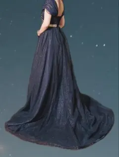 ネイビーブルー オフショルダーウェディングドレス