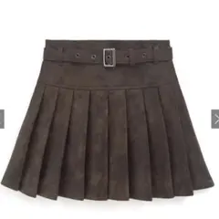 即日フリージアインパン裏地・ベルト付きレザープリーツミニスカート［tu1359］