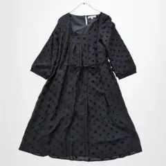 グローブ ドット柄ロングフレアワンピース ウエストリボン タック 金ボタン