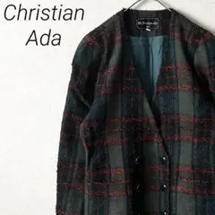Christian Ada ノーカラージャケット チェック柄 毛100% レトロ