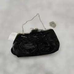 黒 サテン パーティーバッグ 花装飾