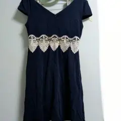 ネイビー フレアドレス レース装飾