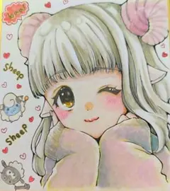 日本の女子28 メリー ひつじ 手描きイラスト オリジナル アナログ 色紙 原画