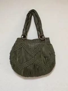 ZARA 革の編み込みバック　オリーブ色
