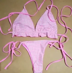 ピンク チェック柄 セパレート水着 ビキニ Sサイズ - メルカリ