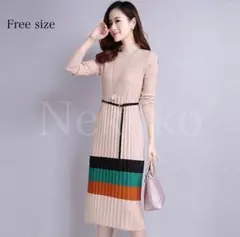 ボーダー ニットワンピース ロングワンピース ウエスト切替え リブ編み