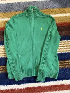 ラルフローレン ジップアップ ニット セーター グリーン L M ケーブル編み