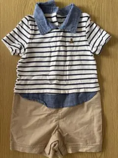 ストライプ柄半袖シャツとズボンのロンパース70cm