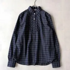 美品✨オールドイングランド　チェックフリルシャツ上品 クラシカル　ネイビー　S