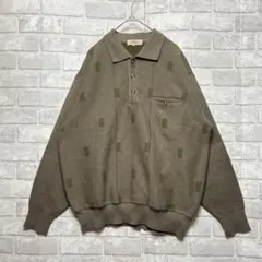 ポロニット L グリーン系 メンズ 美品 日本製 総柄 ゆったりめ ウール混