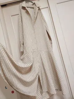 ストライプ 長袖シャツドレスワンピース ベージュ/ネイビー　授乳服　妊婦