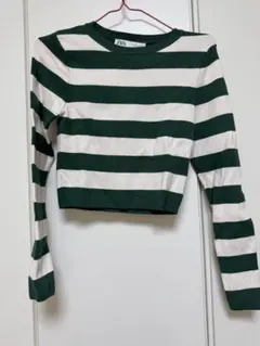 ZARA 緑と白のストライプ クロップドニット L