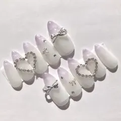 Mネイルチップ　リボン×ハート ビジュー ラメグラデーション