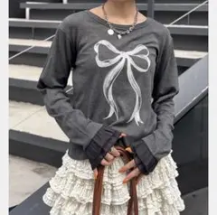 w closet リボン柄 長袖カットソー フリル袖 チャコールグレー F