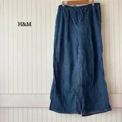 H&M ワイドパンツ デニム ウエストゴム リボン ゆったり カジュアル