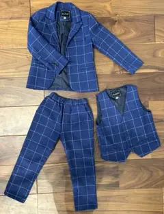 【24時間以内発送】子供用スーツ、ブルー、チェック柄、３点セット、90〜100