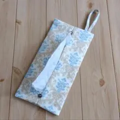持ち手付き　携帯ティッシュケース　ダマスク柄　ベージュ＆水色　　965のサムネイル