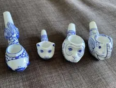 レア‼️破格値‼️インテリア小物‼️ 青白い金魚と猫、猿、象の陶器パイプ 4個セット