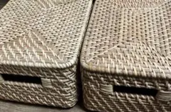 無印良品 重なるラタン長方形バスケット小2個セット 収納かご　フタ付き　旧商品