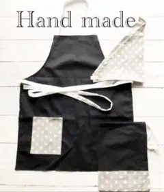 ハンドメイド水玉ドット柄エプロン&三角巾&巾着3点黒＆グレー150