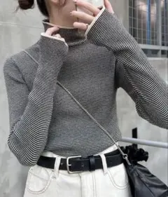 【美品】アンチピリング配色ステッチボーダータートルニット