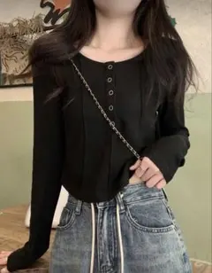 SHEIN ブラック ボタン付き長袖トップス