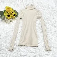 神戸レタス　タートルネックセーター　ベージュ リブ編み ハイネックセーター　M