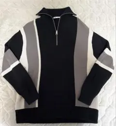 【美品】ZARA カラーブロック　ハーフジップセーター　ニット L黒 グレー