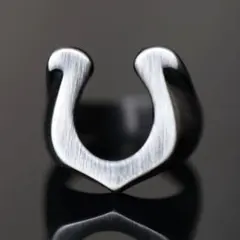 Qroza 印台 ホースシュー ガンメタ ステンレス リング ポーチ付