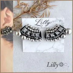 #870 大ぶり/ビーズ刺繍/シルバー/スタッズ/ハンドメイドピアス イヤリング