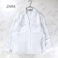 ZARA 長袖ブラウス シャツ レース 開襟 白 XS リネン100% 透け感のサムネイル