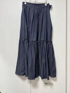 INED❤️デニム ティアードロングスカート ダークブルーデニム　7号