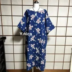 LL 浴衣リメイク 新品反物 青緑花模様フリル袖ゆったりワンピース