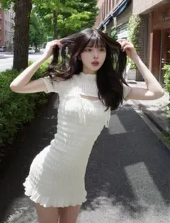 darich リボンシャーリングミニワンピース　ホワイト