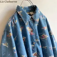 昭和レトロ 70s 総柄レトロブラウス シャツ オレンジ×青 S程度 