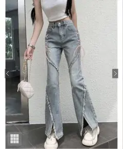 【試し着のみ】フレアデニム リボン ピンク 水色 ジーンズ