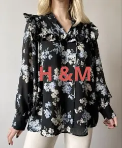 H&M 花柄 フリル 長袖ブラウス ブラック Mのサムネイル