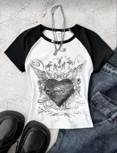 ハートと翼デザイン 半袖Tシャツ